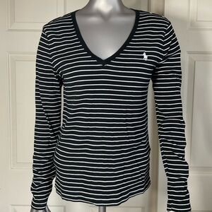 Ralph Lauren Black White Striped Long Sleeve Knit Top Women 100%Cotton Size L